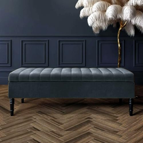 90cm Wide Safar Ottoman Storage Bench, Plush Velvet Shoe Bench with Storage, Velvet Footstool, Lined Upholstered Coffee Table, End of Bed Bench, Hallway Bench (Dark Grey Velvet, 3ft (90x40x40) CM)