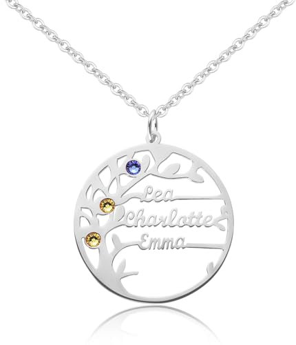 Bo&Pao Lebensbaum Kette 925 Sterling Silber mit 1 bis 4 Namen und Geburtssteine, personalisierte Halskette mit Baum Anhänger