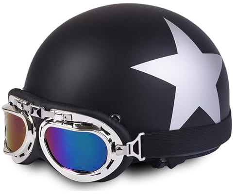 Vintage Casques Moto Bols Demi-Casque de Mobylette Casque Face Ouverte ECE Homologué Casque Jet avec Lunettes pour Cruiser Casque de Sécurité pour Hommes Femmes H,54-60CM