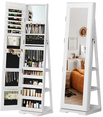 AuraCraft Armoire à bijoux avec miroir sur pied, verrouillable, miroir sur pied, rotatif à 360°, avec 3 étagères, grand rangement de bijoux, 160 x 38 x 38 cm, blanche