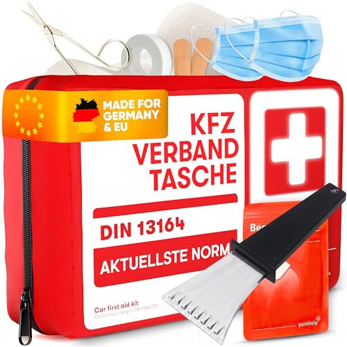 PURAHELP KFZ Verbandstasche nach aktueller Norm 2025 DIN 13164 (StVO konform) + Eiskratzer - Inkl. Beatmungstuch - Erste Hilfe Set Auto Verbandskasten 2025