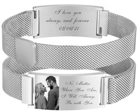 XUANPAI Armband mit Foto Armband Herren mit Gravur - Personalisiertes Partnerarmbänder mit Namen Bild Verstellbare Fotoarmband Fotogeschenk zum Geburtstag Jahrestag Weihnachten (D-Silber)