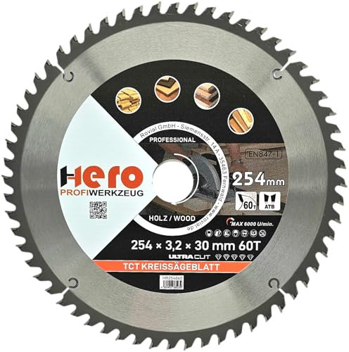 HERO Kreissägeblatt 254 x 30/20 mm 60 Zähne Hartmetall Sägeblatt TCT Ersatzsägeblatt für Holzbearbeitung Weich & Hartholz, Nichteisenmetalle Universal Handsäge, Gehrungssäge, Tischkreissäge, Kappsäge