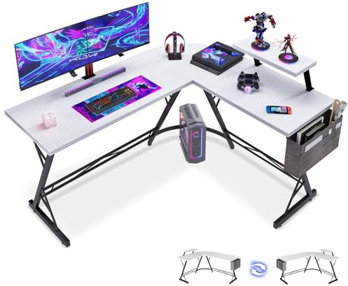ODK Eckschreibtisch, L Form Gaming Schreibtisch mit runder Ecke, Gaming Tisch mit Monitorablage, L Computertisch, Klassisches Schwarz, Kohlefaser Weiß Gaming Schreibtisch 147 x 120 cm