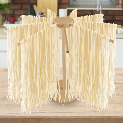 WANDGU Secador de pasta de madera: secador de pasta plegable de madera con 9 brazos extraíbles para hasta 4,5 kg, versátil y reutilizable, soporte para pasta con base, plegable para pasta casera