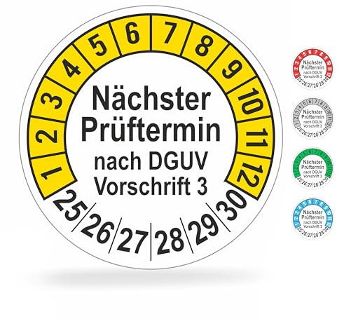 beihaasnatuerlich® 112 Stck Prüfplaketten Nächster Prüftermin, 20 mm Ø, Prüfetiketten nach DGUV V3, 2025-2030, Prüfaufkleber, E-Check Prüfetikett, Plakette für Elektrogeräte (Gelb, 1 Bogen)