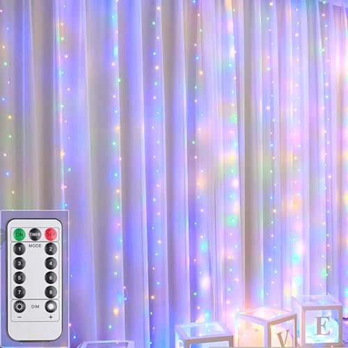 200LED Lichtervorhang Mehrfarbig, 3mx2m Lichterkettenvorhang USB 8 Modi LED Lichterkette mit 12 Haken Fernbedienung Timer verstellbare Helligkeit für Weihnachten Party Innen und außen Deko