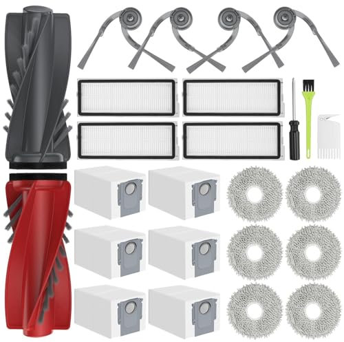 DrRobor Rechange pour Roborock Qrevo Curv/Qrevo Edge/Qrevo Curv S5X/ Qrevo Edge S5A Aspirateur, 2 Brosses Principales, 4 Filtres Hepa, 6 Sacs à Poussière, 6 Chiffons De Nettoyage, 4 Brosses Latérales