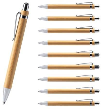WPRO Bambus Kugelschreiber 10 Stück Set mit Druckmechanismus und blauer Mine, Bambusholz Schreibstift mit Metallclip, nachfüllbar für Büro Empfang Messe Lux