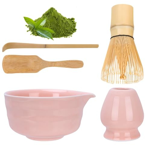 HOBEYO Matcha Set Rosa mit Matcha Besen, Matcha Schale mit Ausgießer, Besenhalter aus Keramik und Löffel - 5-teiliges Matcha-Set Rosa für Matcha-Liebhaber Entwickelt