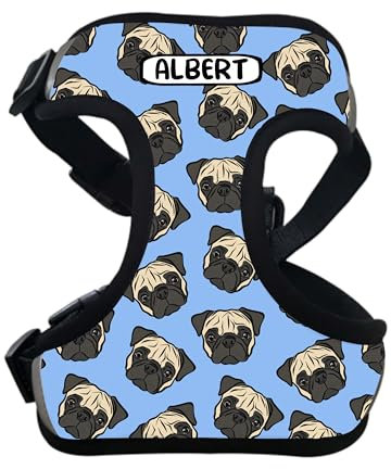 Hundegeschirr mit Mops-Motiv, personalisierbar, mit Mops-Motiv, für Spaziergänge, niedliches personalisierbares Hundegeschirr, Brustgurt aus Neopren, Geschenk für Hundebesitzer