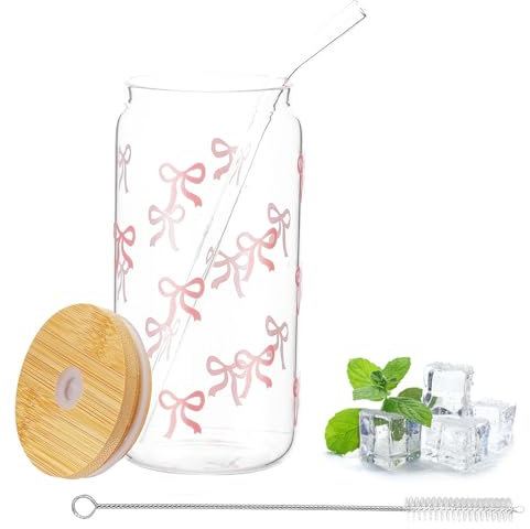 WORUIB 1PCS Glass Tumbler with Straw and Lid,Matcha Glass,500ml Leak-Proof Iced Coffee Cup with Pink Stuff, Suitable for Iced Coffee Cups, Lattes Juice Can Also Be Given as A Gift.