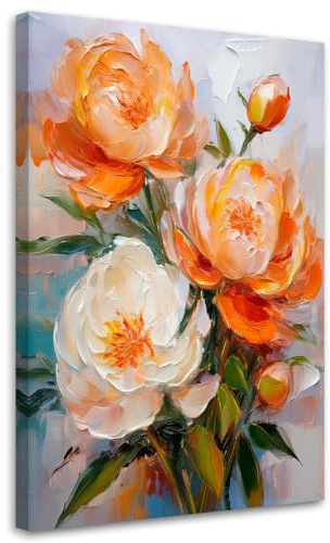 Feeby Leinwand Bilder - Bild Wohnzimmer - Orange bemalte Pfingstrosenblüten - 40x60 1tlg - Deko Schlafzimmer Groß - Dekoration Canvas - Gemälde - Modern Wandbilder - Kunstdruck