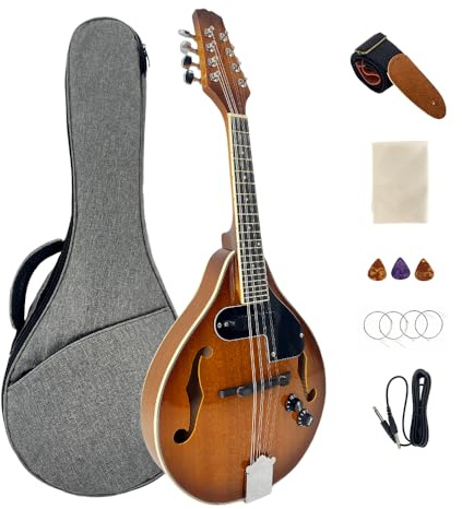 YoungMonic Mandolin Musical Instrument A Style E-Acoustic Mandolin Instrument Kit 8 String for Beginners Adults with Carrying Case Extra Strings Picks Cleaning Cloth