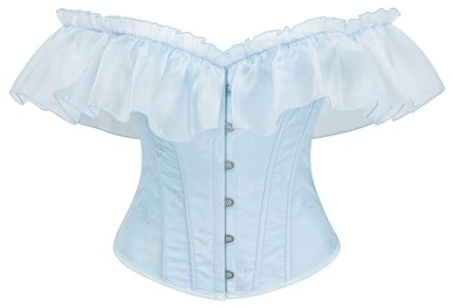 Bslingerie Women Corset Victorian Style Off-Shoulder Corset, Floral Embroidered, Light Blue and yellow, Ruffle Sleeve (UK, Alpha, XL, Regular, Regular, Blue)