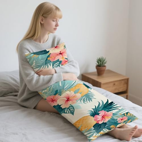 Seitenschläferkissen Bezug 40 x 145, Blume Kissenbezug 40 x 145 cm mit Reißverschluss, Dekoratives Langes Kissen für Schlafzimmer, Samt Kopfkissenbezug Kuschelig Weich & Atmungsaktiv (Ananas) LY-O518