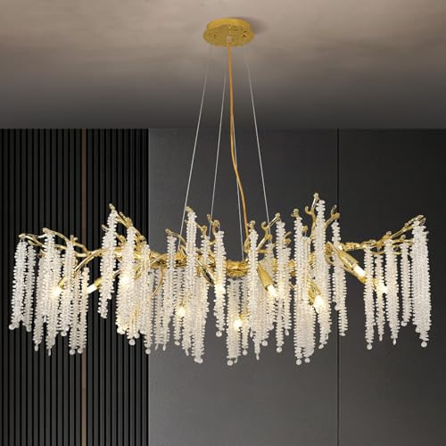 Kristall Kronleuchter Gold Modern Astform Lang Pendelleuchte G9×12 L120cm | Luxus Hängeleuchte für Wohnzimmer Kristall Hängelampe Großer Pendelleuchte Esszimmer,Küche,Schlafzimmer,Leuchte
