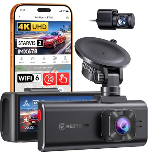 REDTIGER F7NA 4K Dual Dash Cam for Car, STARVIS 2 IMX678 Sensor, 8MP, 5GHz WiFi (20MB/s Fast Download), 4K Front 1080P Rear, GPS, Voice Control, WDR, HDR Night View, Up to 512GB Supported (No SD Card)