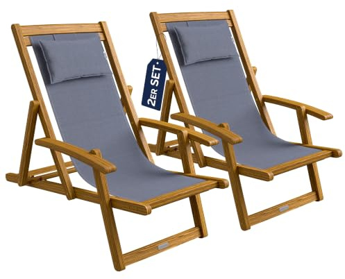 CASARIA® Sonnenliege 2er Set Holz Wetterfest Klappbar | Verstellbar bis 160kg Gartenliege Outdoor Liegestuhl mit Nackenkissen & Armlehnen für Garten Balkon Camping Akazie