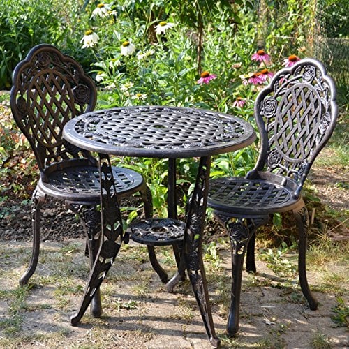 Lazy Susan Rose Round 2 Seater Bistro Set | Cast Aluminium Garden Furniture Set | Weatherproof | Maintenance-free | Matching Bistro Chairs | Antique Bronze Finish