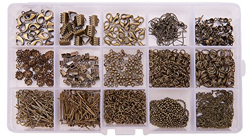 PandaHall Über 870 Pcs Schmuck Finden Kits mit Hummer Klauen Klammern Jump Ring Band Clamp End Ohrring Haken Blume Bead Cap Schnur Ende Augen Pin Kopf Pin Verlängerungskette Spitze Knoten Drop End