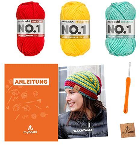 myboshi Häkelset Beanie Wakayama, Häkelset für Anfänger, inkl. No.1 Wolle, Nadel und Anleitung, Label, Häkelpaket für Anfänger, 30% Merinowolle Gelb mit Häkelnadel