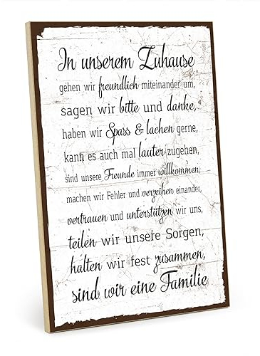 TypeStoff Holzschild mit Spruch – FAMILIE REGELN HAUSORDNUNG – shabby chic retro vintage nostalgie deko Typografie-Grafik-Bild bunt im used-look aus MDF-Holz - HS-00058