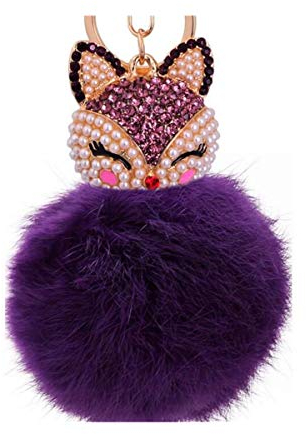 Canarea Keychain Elegant Plüsch-Kugel Schlüsselanhänger plüsch Ball Taschenanhänger Strass bommel Auto-Anhänger Pompom Weich Schlüsselring Süß Fox Kopf mit Strass Perles (Lila-21)