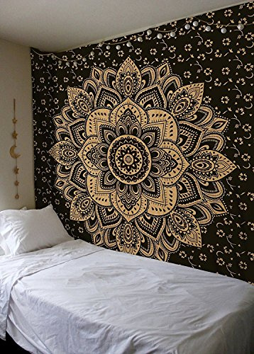 Bless International Traditioneller indischer Mandala-Hippie-Wandbehang, Baumwoll-Tapisserie, Ombré-Stil, Bohemian-Tagesdecke (Queen-Size-Bett 215 x 230 cm), schwarz-goldene Blume)