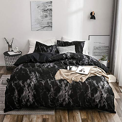 OLDBIAO Bettwäsche Set Schwarz Kinder Einzelbettt Bettbezug mit Marmor Muster, weiche Bettdecke Cover 135x200cm mit Reißverschluss + Kissenbezug 80x80cm*1