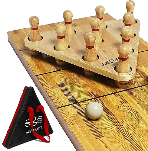 YDDS Shuffleboard Bowling Pin Set with 10 Pcs Premium Hardwood Bowling Pins Durabel Triangular Pinsetter Resin Bowling Ball and Carrying Bag, Fun for Shuffleboard Games