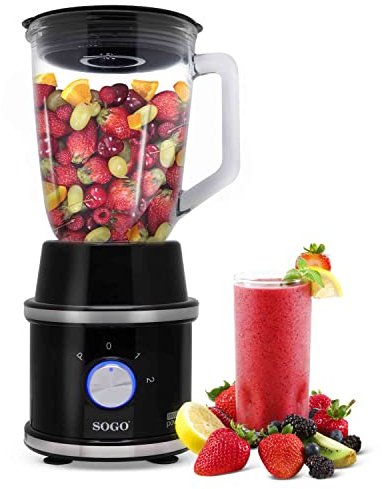 Sogo Batidora de Vaso con Cable – Licuadora para Zumos, Batidos, Verduras y Frutas – Batidora Potente de 1300 W – Batidora con Dos Jarras de Cristal con Diferentes Capacidades de 1,5 L y 300mL