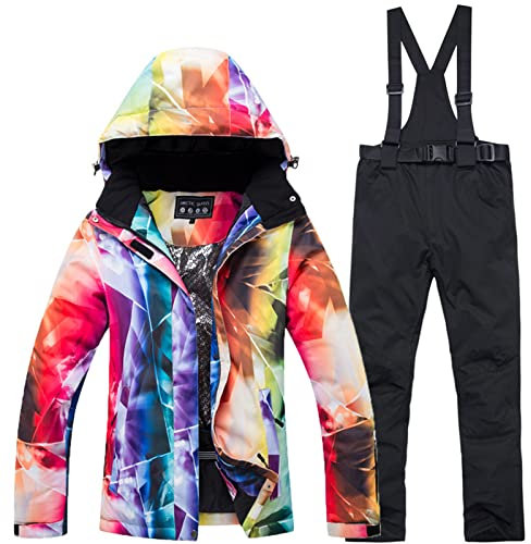 WYOUTDOOR Skianzug für Damen, Winterjacke und Skihose, bunt, Snowboard, Jacke und Hose mit Trägern, wasserdicht, mit Kapuze, Schneeanzug, Schwarz, Schwarz., L
