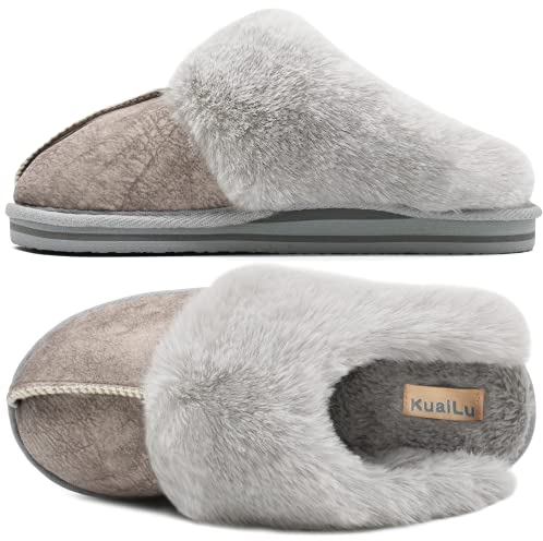 KuaiLu Hausschuhe Damen Flauschige Plüsch Lammfell Geschlossen Winter Warme Pantoffeln Frauen Kuschel Memory Fussbett Hause Slippers Rutschfest Feste Sohle Hüttenschuhe Indoor Outdoor. Grau 42