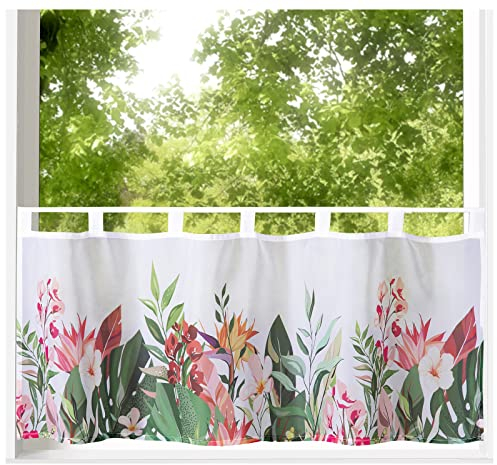 heimtexland ® Scheibengardine Blumen Gardine Digitaldruck HxB 45x120 Fensterdekoration Oekotex Bistrogardine Palmblatt Typ789 Tropical Bunt