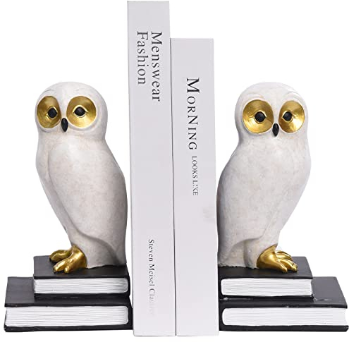 Kakizzy Serre-livres pour étagères, serre-livres décoratifs en forme de hibou en bronze avec base antidérapante, serre-livres luxueux pour chambres d'enfants, bureau, décoration d'intérieur (blanc)