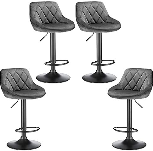 Glit Chaise Bar Tabouret de Bar en Velours, Lot de 4 Tabouret Bar Reglable en Hauteur, Chaise de Bar Rotatif avec Dossier et Repose-Pieds (4, Gris Foncé) CW2858600