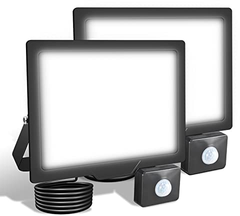 SKYWORLD Projecteur Extérieur LED Détecteur de Mouvement PIR, 2pcs 50W 5000LM Blanc Froid 6000K, Spot LED Extérieur Étanche, Éclairage de Sécurite pour Garage Jardin Cour Entrée Parc