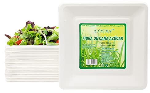 EXNIMA, Pack 30, 50, 60, 100, 300 o 500 Platos Desechables Biodegradables, Hechos de Fibra de Caña de Azúcar, Natural, 100% Biodegradable, Cuadrados Originales, Comida, Barbacoa, Fiesta, Cumpleaños.