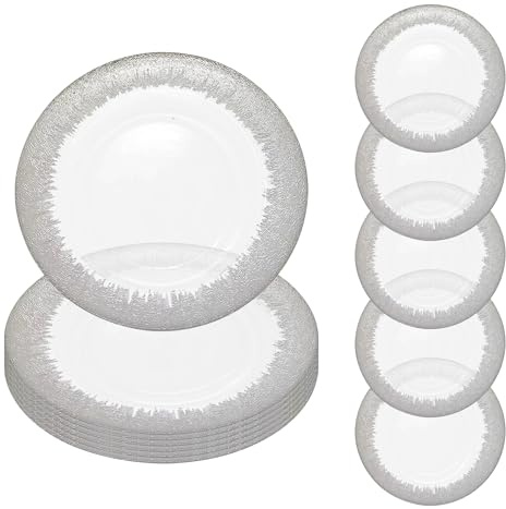 WedDecor Lot de 12 assiettes rondes de 33 cm, pour présentation de table, mariage, banquet, fête de Noël, décoration de table, verre transparent avec bordure argentée