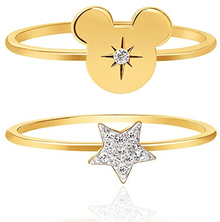 Disney Stapelbares Damenring-Set Größe 7 – 18 Karat vergoldetes Sterlingsilber – Micky-Maus-Ring – CZ-Sternring – Disney Ringe, Sterlingsilber, Zirkonia, Sterling Silber, Zirkonia