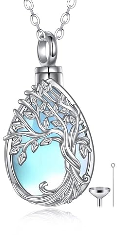 YAFEINI Baum des Lebens Urne Halsketten für Asche Sterling Silber Tropfen Mondstein Baum des Lebens Feuerbestattungsschmuck für Asche Erinnerungsschmuck für Damen Herren