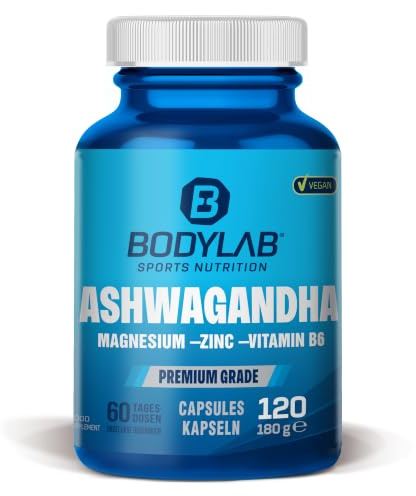 Bodylab24 Ashwagandha Kapseln 120 Stück, fein gemahlenes Ashwagandha Pulver angereichert mit Magnesium, Zink und Vitamin B6, 100% vegan
