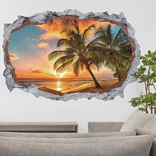 HPNIUB XL 3D Wandtattoo Sonnenuntergang,Landschaft Wandtattoo für Wohnzimmer,Wandsticker Meer Strand Palm Insel Karibik Poster Fensterblick,WandDeko für Schlafzimmer Küche Türaufkleber Badezimmer