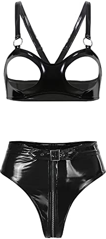 iEFiEL Damen Wetlook Dessous Set Unterwäsche Neckholder BH mit Brustfrei & G-String Ouvert-Panties Lack-Optik Bikini Sets Schwarz A 3XL
