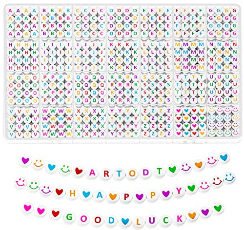 ARTDOT 1400 Stück A-Z Buchstabenperlen, Alphabet Perlen für Armbänder, 7 mm Perlen zum Auffädeln, Armbänder Selber Machen Buchstaben Perlen und bunte Smiley Herz Perlen für Schmuck DIY Crafts