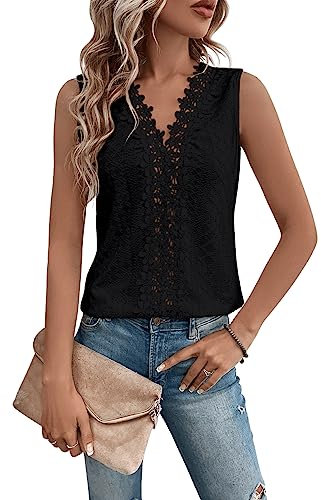 GORGLITTER Spitzen Oberteile Damen Tank Top Mit V Ausschnitt Spitzentop Elegant Tshirt Mit Öse Stickerei Sommer Top Locker Schwarz S