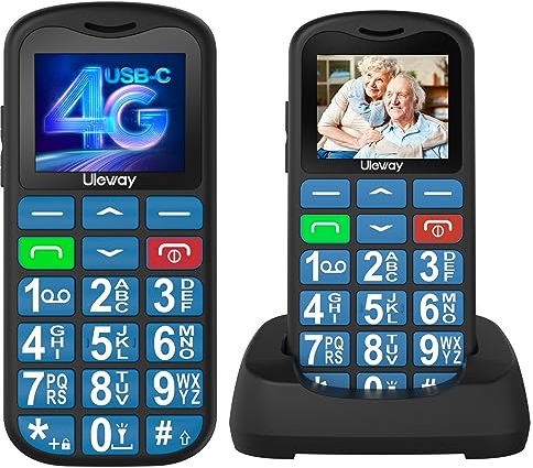 4G Telefono Cellulare per Anziani, Facile da Usare Cellulare per Anziani con Tasti Grandi, Volume Alto, Funzione SOS, USB C, Base di Ricarica, Chiamata Rapida, Torcia, Sveglia, 1000mAh Batteria, Blu