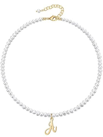 TINGN PerlenKette Damen Halskette Gold, 14K Vergoldet Perlen Kette Halskette Choker Kette für Frauen Freundin Halskette Anhänger Initialen Halskette Damen Schmuck Geschenke Verstellbar (A)