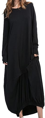 aromm Women's Maxi Long Dresses Long Sleeve Crew Neck Loose Plain Casual Lantern Dress Black,3XL